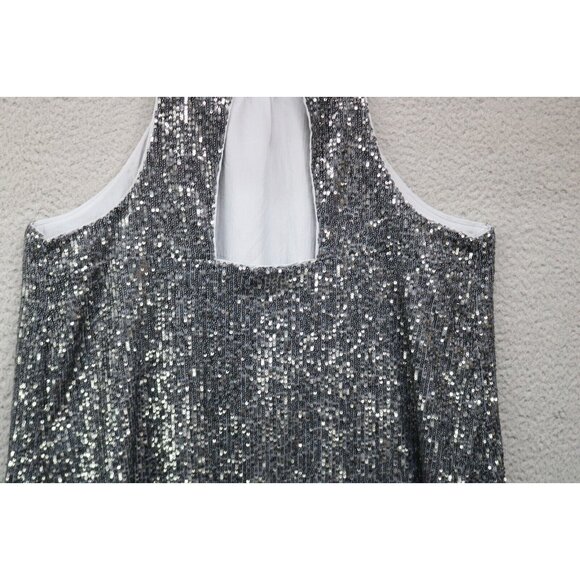 Loft Sleeveless Full Sequin Cutout Back Halter Swing Dress-Size Large-Silver - Picture 10 of 12